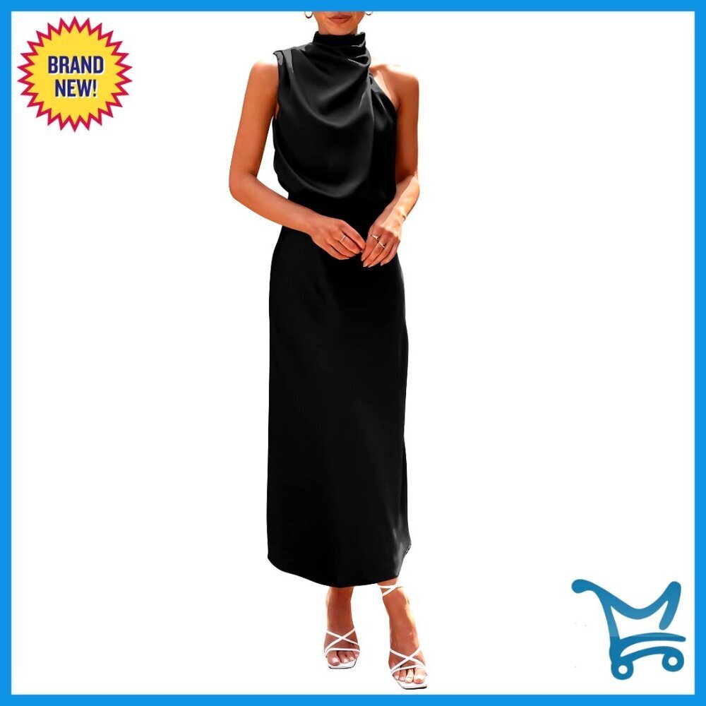 Satin Maxi Dress Elegant Mock Neck Sleeveless Cocktail Party Formal Wear
